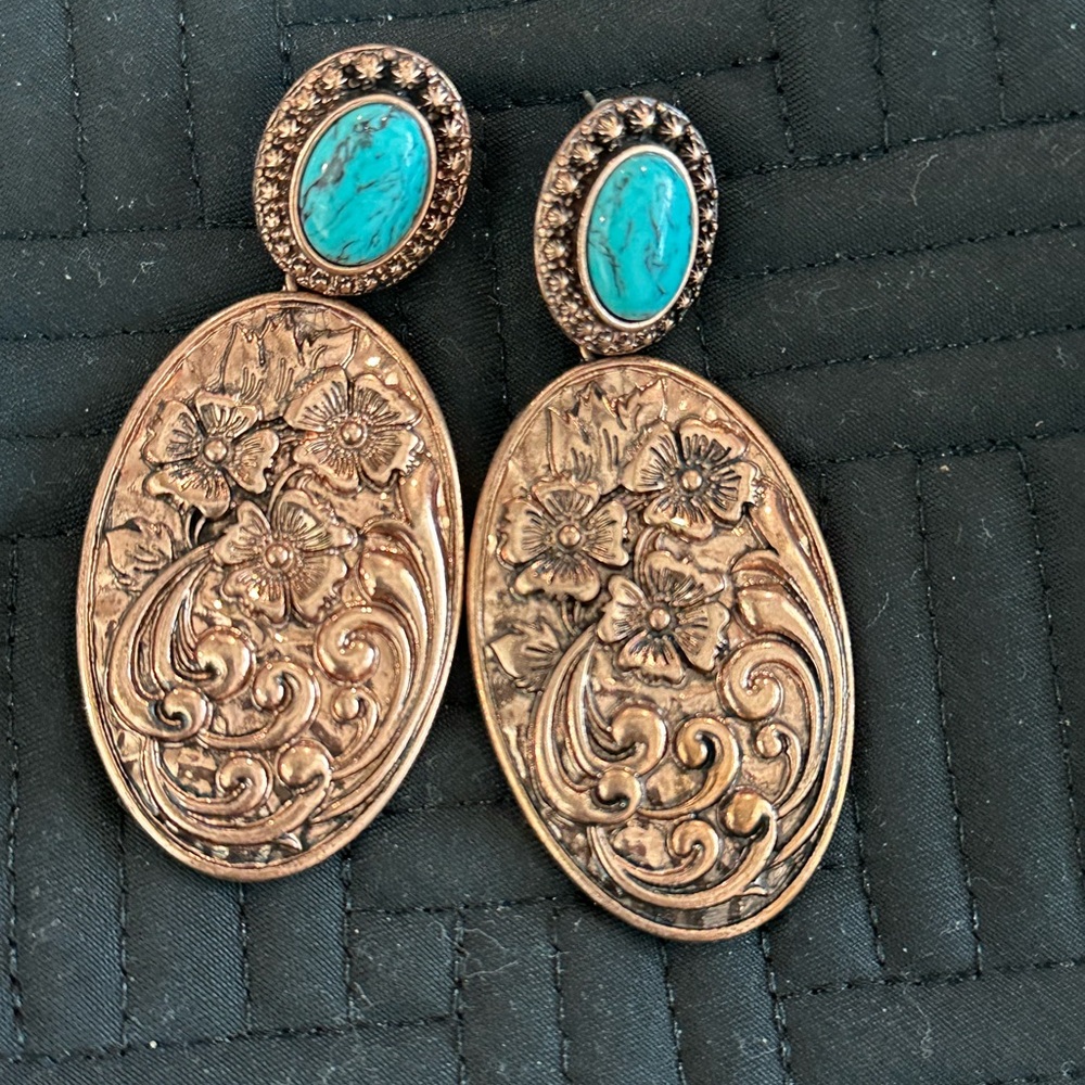 Large Turquoise and Copper Floral Drop Earrings